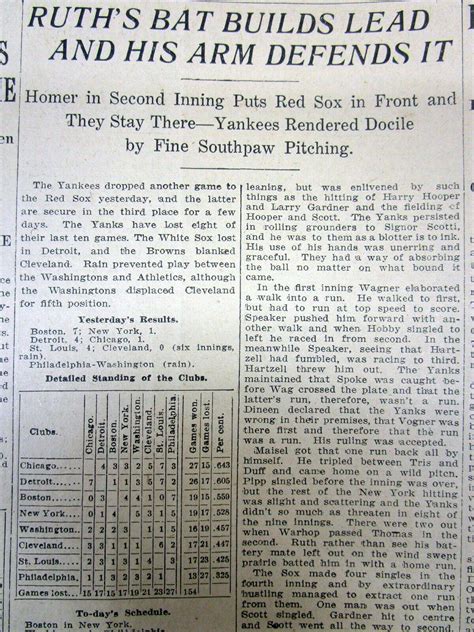 Newspaper Boston Red Sox Pitcher Babe Ruth Hits Nd Home Run Of