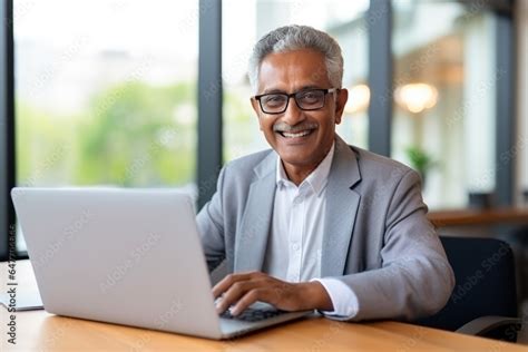 Smiling Busy Older Professional Business Man Working On Laptop Sitting At Desk Older Mature