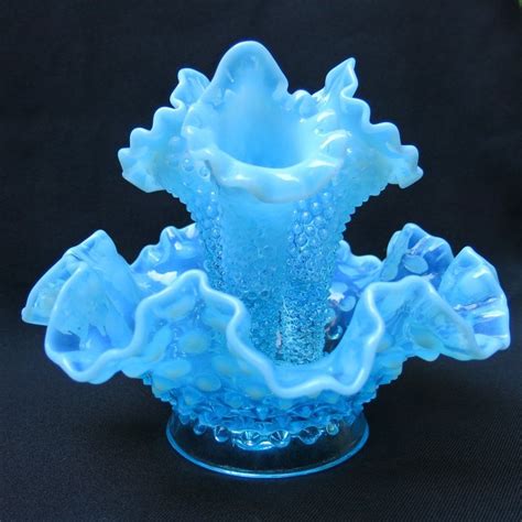 Fenton Blue Opalescent Hobnail Epergne Three Horns Y2023 Removed Vintage Art Glass Fenton