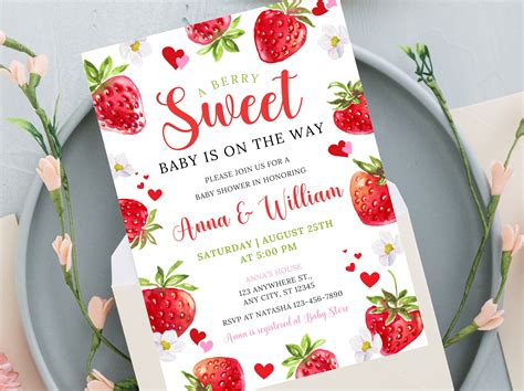 Editable Berry Sweet Baby Shower Invitation Blush Berry Sweet Invite