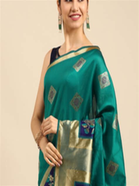 Buy Anouk Turquoise Blue And Gold Toned Ethnic Motifs Zari Silk Blend