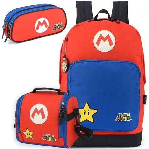 Kit Mochila De Costa Super Mario Lancheira Estojo Duplo Luxcel