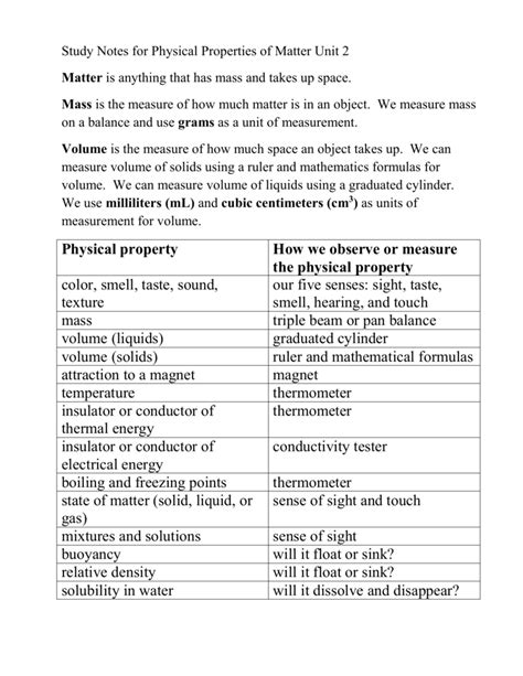 Study Notes For Physical Properties Of Matter