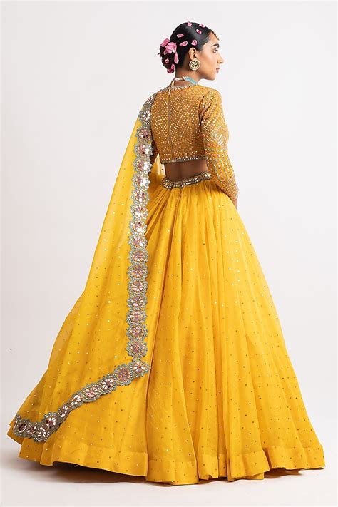 Yellow Silk Organza Hand Embroidered Wedding Lehenga Set By Vvani By