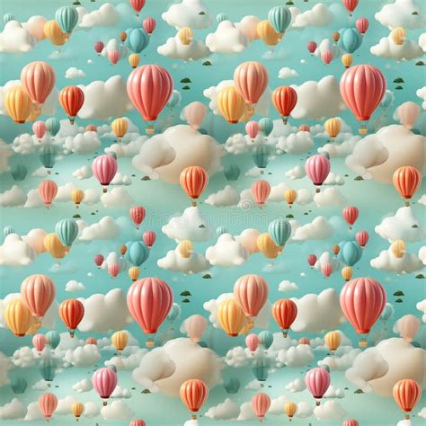Seamless Pattern Of Vibrant Pink And Blue Hot Air Balloons Flying In The Sky Among Clouds Baby