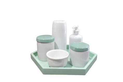 Kit Higiene Beb Porcelana Menino Potes Tampa E Bandeja Verde