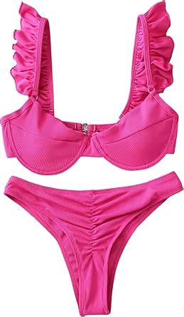 Amazon Wdirara Women S Piece Ribbed Textured High Ruffle Hem Bikini Set Summer High Cut