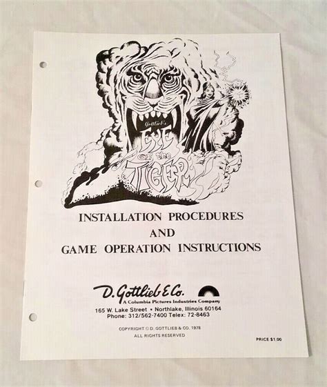 Gottlieb Eye Of The Tiger Pinball Machine Original Manual Nos Free