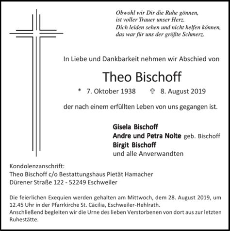 Traueranzeigen Von Theo Bischoff Aachen Gedenkt