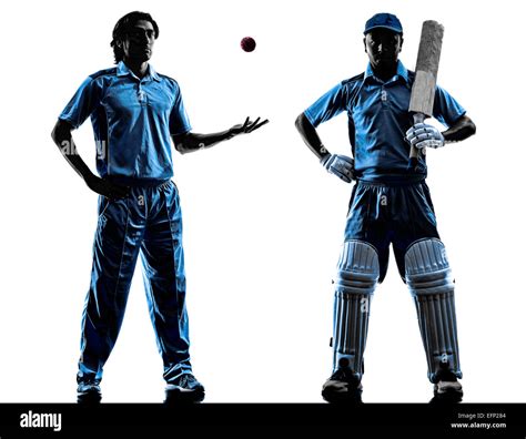 two Cricket players in silhouette shadow on white background Stock ...