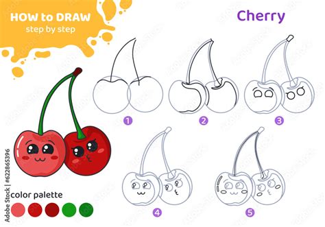 Drawing tutorial for kids. Education worksheet. How to draw cherry ...