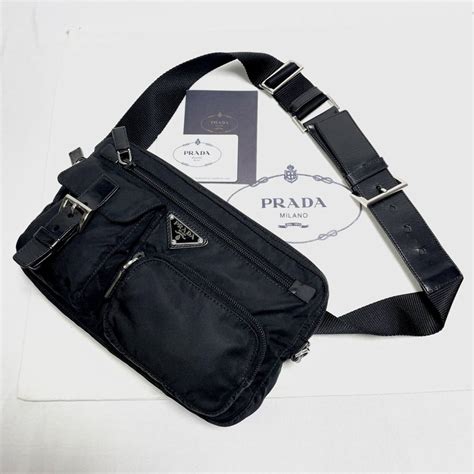 1円 極 Prada プラダ テスート ナイロン ウエストポーチ 三角プレート サコッシュ ボディバッグ ポシェット レザー ブラック 黒