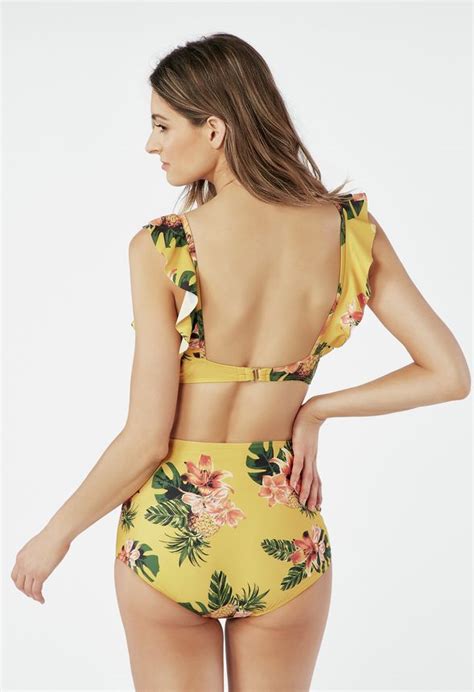 Ruffled Retro High Waisted Bikini In Marigold Multi Get Great Deals At JustFab