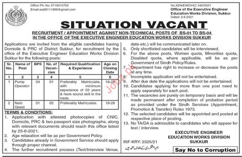 Education Works Division Sukkur Jobs For Pump Operator Job