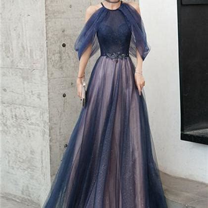 A Line Blue Tulle Sequin Long Prom Dress Halter Blue Evening Dress