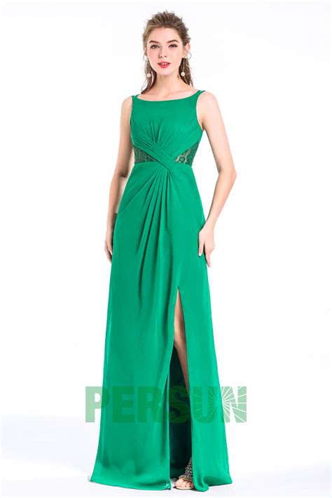 Robe Verte L Gante Longue Soir E Encolure Bateau Jupe Fendue