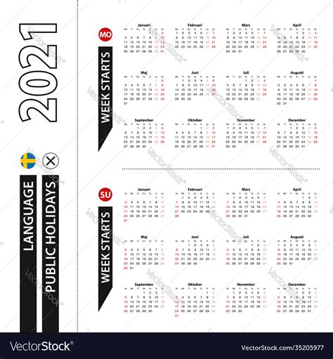 Two Versions 2021 Calendar In Swedish Week Vector Image