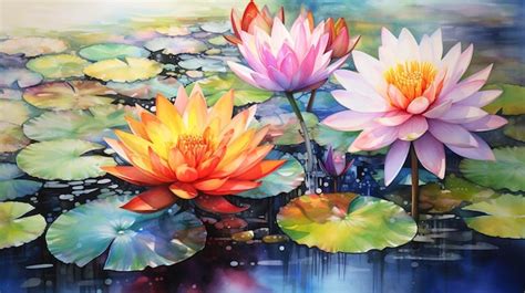 Premium AI Image Watercolor Vibrant Tropical Water Lilies