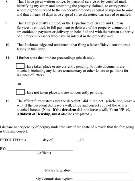 Free Nevada Small Estate Affidavit Form Pdf 237kb 2 Pages Page 2