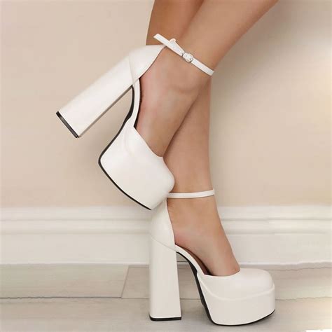 New White Mary Jane Platform Chunky Heel Pumps Cute Shoes Heels