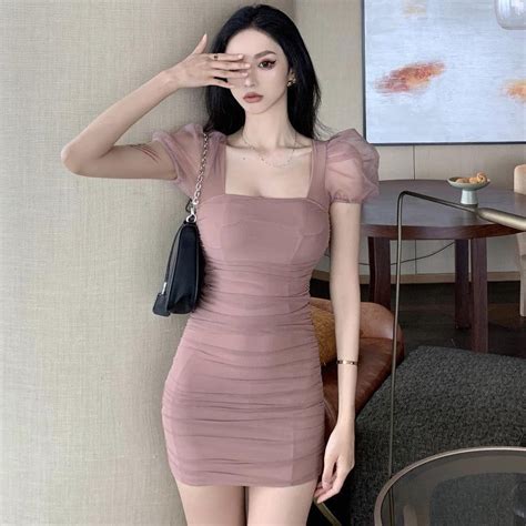 Quần Áo Trực Tiếp Nữ NEO HOT GIRL CỔ Vuông Tay Phồng Lưới Bó Sát Thon Gọn Gấp Gọn Túi Hông Váy