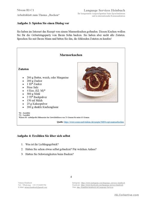 Arbeitsblatt zum Thema Backen B2 C Deutsch DAF Arbeitsblätter pdf doc