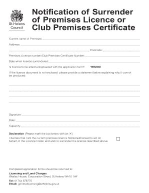 Fillable Online Notification Of Surrender Of Premises Licence Or Club