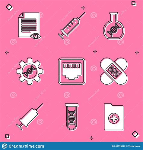 Set Paper Page With Eye Syringe Dna Research Search Genetic