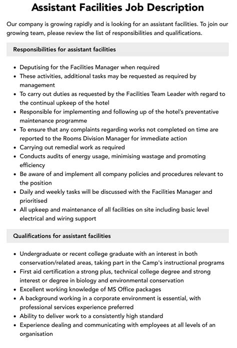 Assistant Facilities Job Description Velvet Jobs