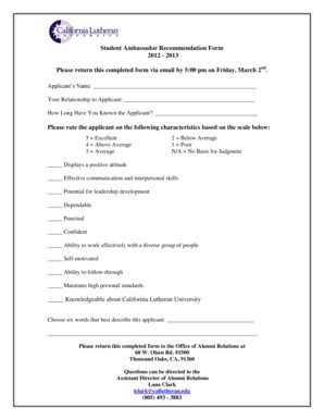 Fillable Online Callutheran Student Ambassador Recommendation Form