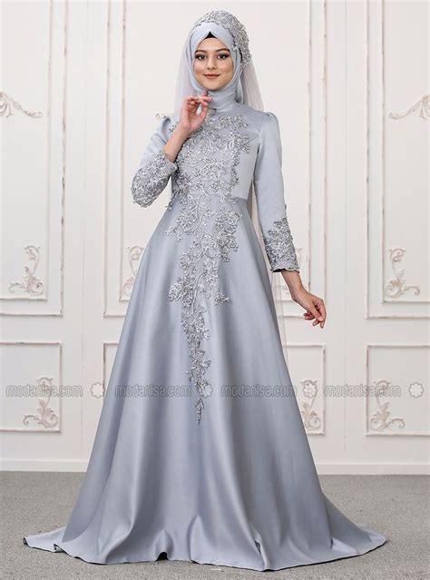 Gray Multi Fully Lined Crew Neck Muslim Evening Dress Modest