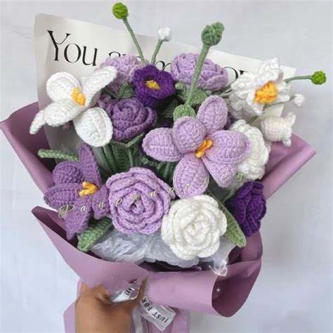 Pretty Crochet Purple Series Tulip And Rose Flower Bouquet For Sale