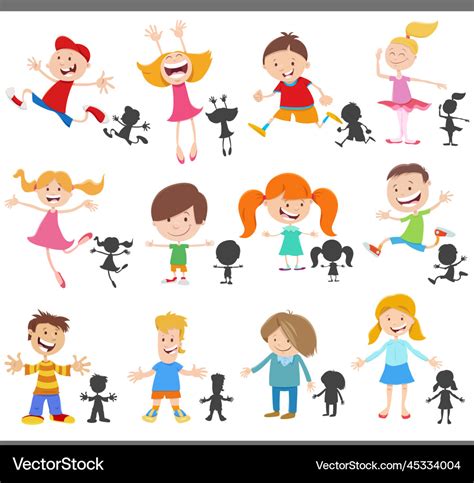 Cartoon happy children characters and silhouettes Vector Image