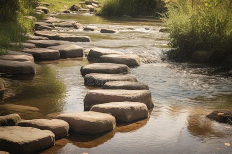 Stepping Stones Across A Rushing Stream With The Water Flowing Beneath