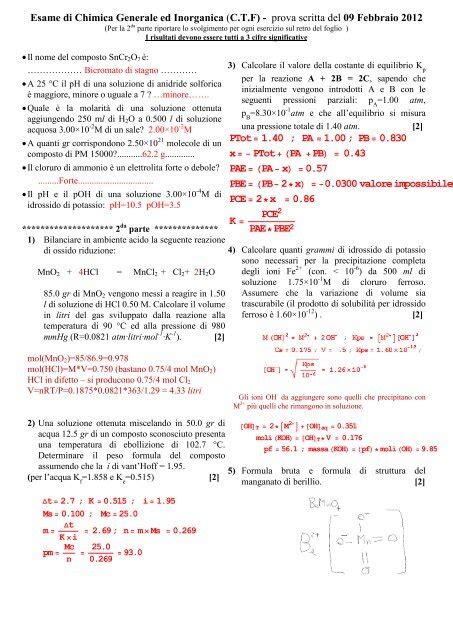 Esame Di Chimica Generale Ed Inorganica C T F Prova Scritta Del