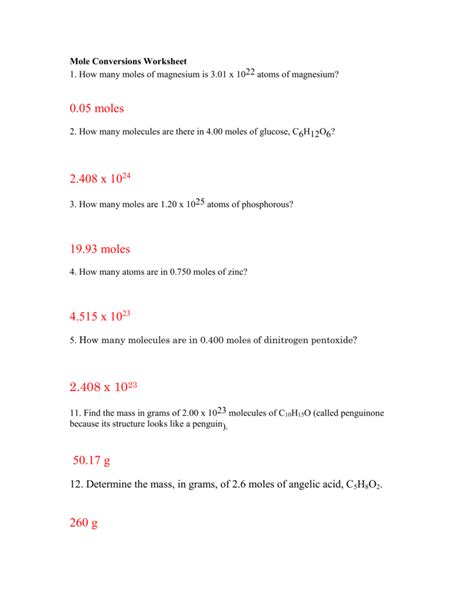 Mole Conversions Worksheet With Answers Printable And Enjoyable Learning