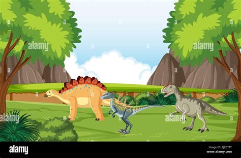 Scene With Dinosaur In Forest Illustration Stock Vector Image Art Alamy