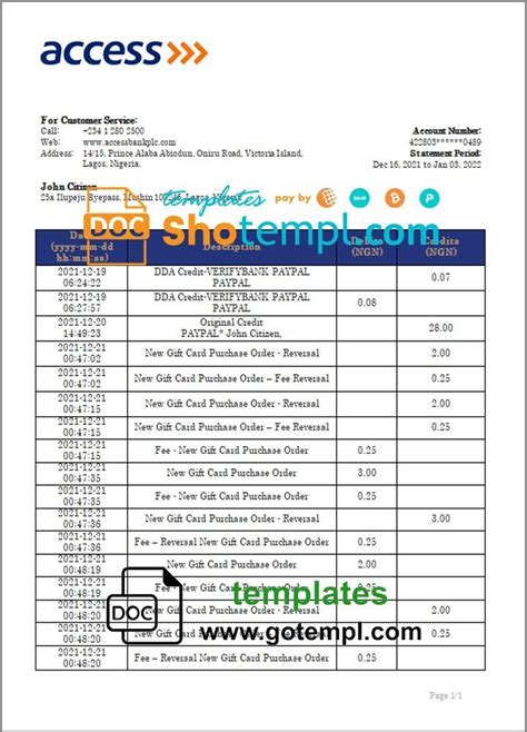 Nigeria Access Bank Statement Template In Word And PDF Format