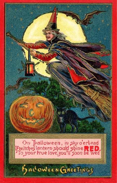 Chocolate Rabbit Graphics: Vintage Halloween Witch Postcard - Red Lantern