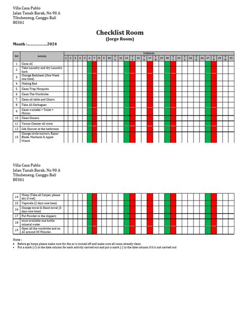 Checklist Kegiatan Housekeeping Toilet P Pdf