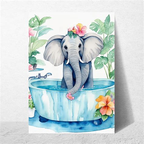 Happy Elephant In Tub Printable Wall Art Safari Nursery Print Elephant