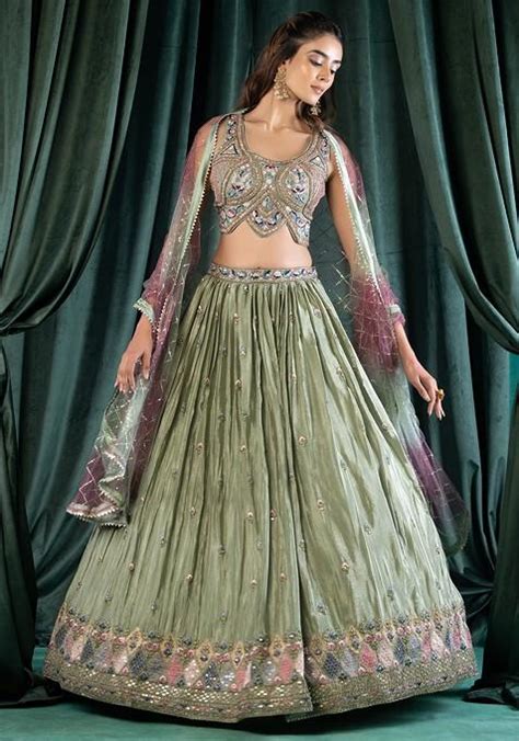 Buy Women Powder Blue Embellished Lehenga Set With Blouse And Printed