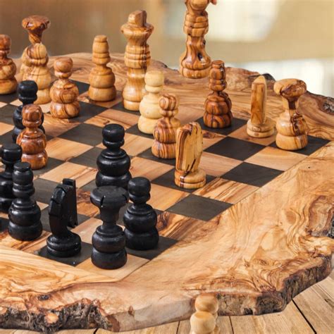 Olive Wood Chess Set With Rough Edges Handmade Wooden Chess Board