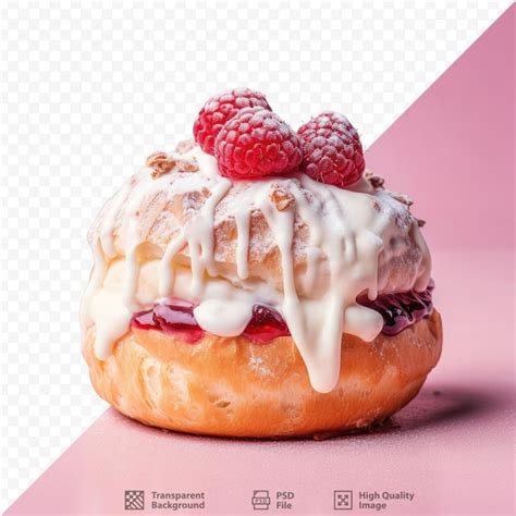 Сладкая булочка с ванильным кремом и малиной на прозрачном фоне с ...
