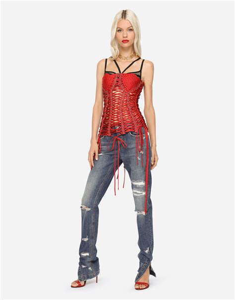 Satin Corset Style Belt With Laces And Eyelets In Red For Women Dolce