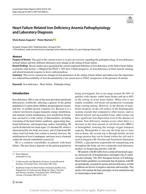 Heart Failure-Related Iron Deficiency Anemia Pathophysiology and Laboratory Diagnosis | Request PDF