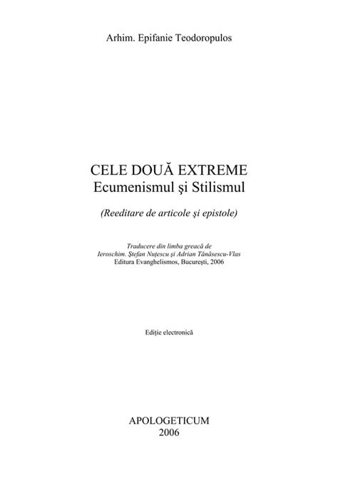 Pr Epifanie Teodoropulos Cele Doua Extreme Ecumenismul Si Stilismul Pdf