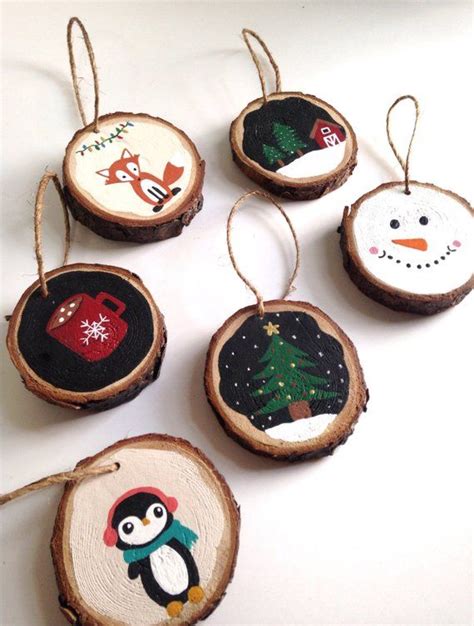 5 Hand Painted Ornaments Wood Round Hanging Christmas Ornaments Birch