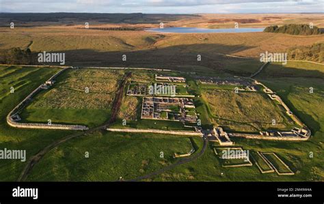 An aerial view of the remains of an auxiliary fort on Hadrian's Wall ...