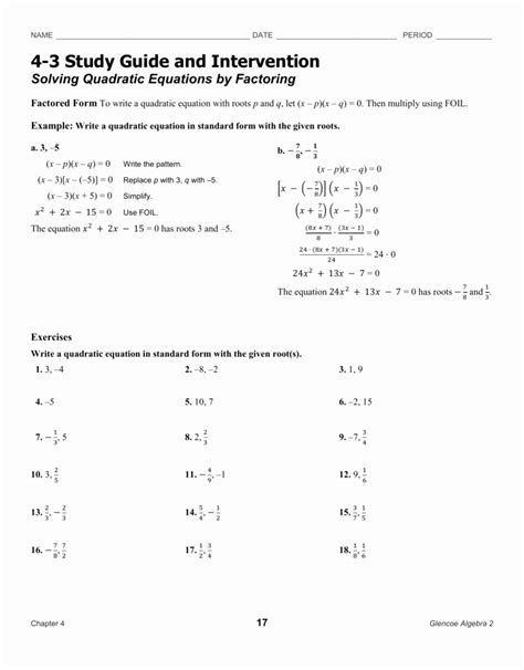 Factoring Quadratic Equations Worksheets